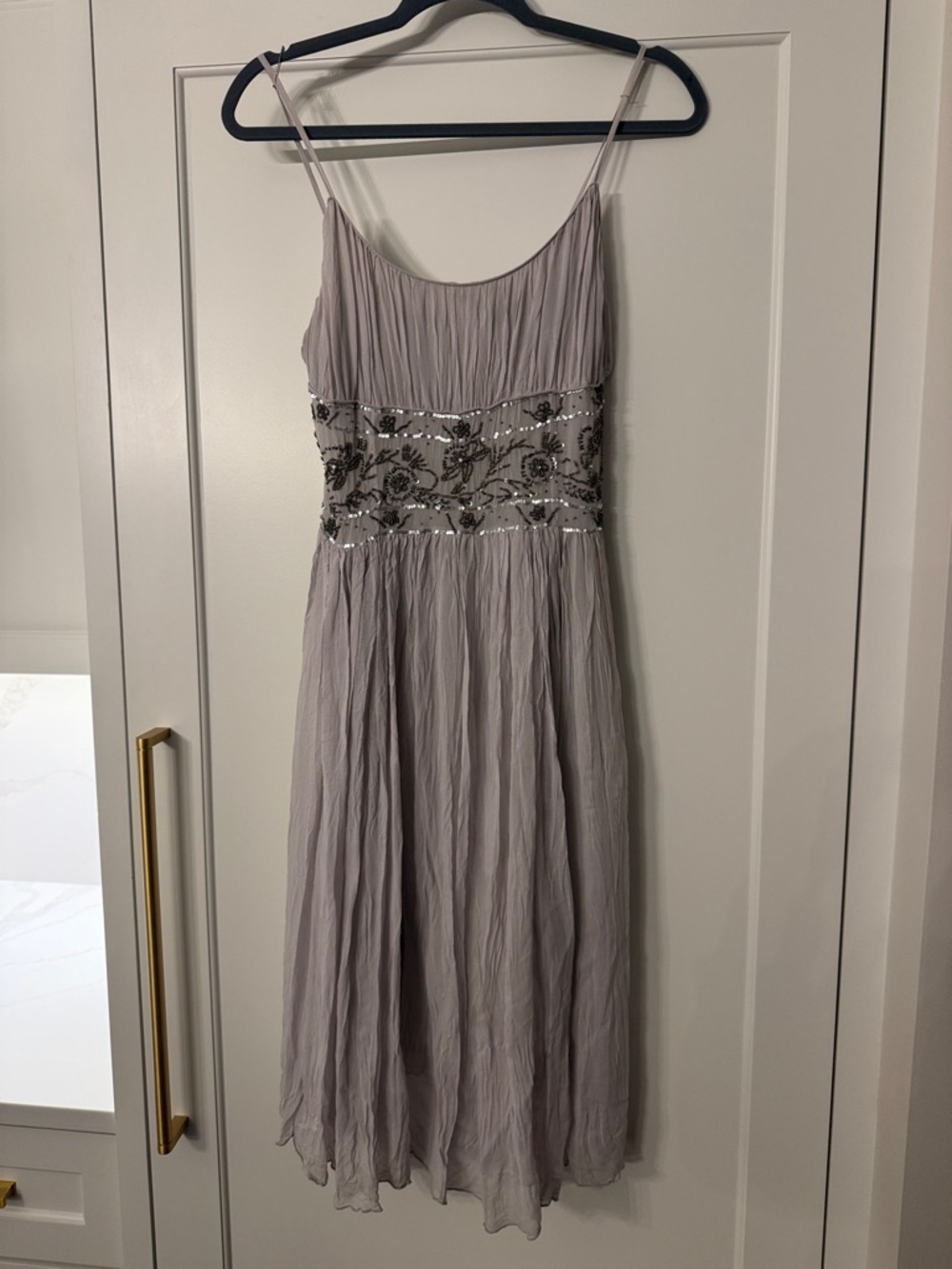 Silk Beaded Waist Midi Dress with Spaghetti Straps